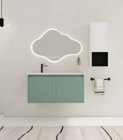 Green and white 36-inch bathroom vanity with drop-shaped basin, floating on wall, two soft-close doors closed.