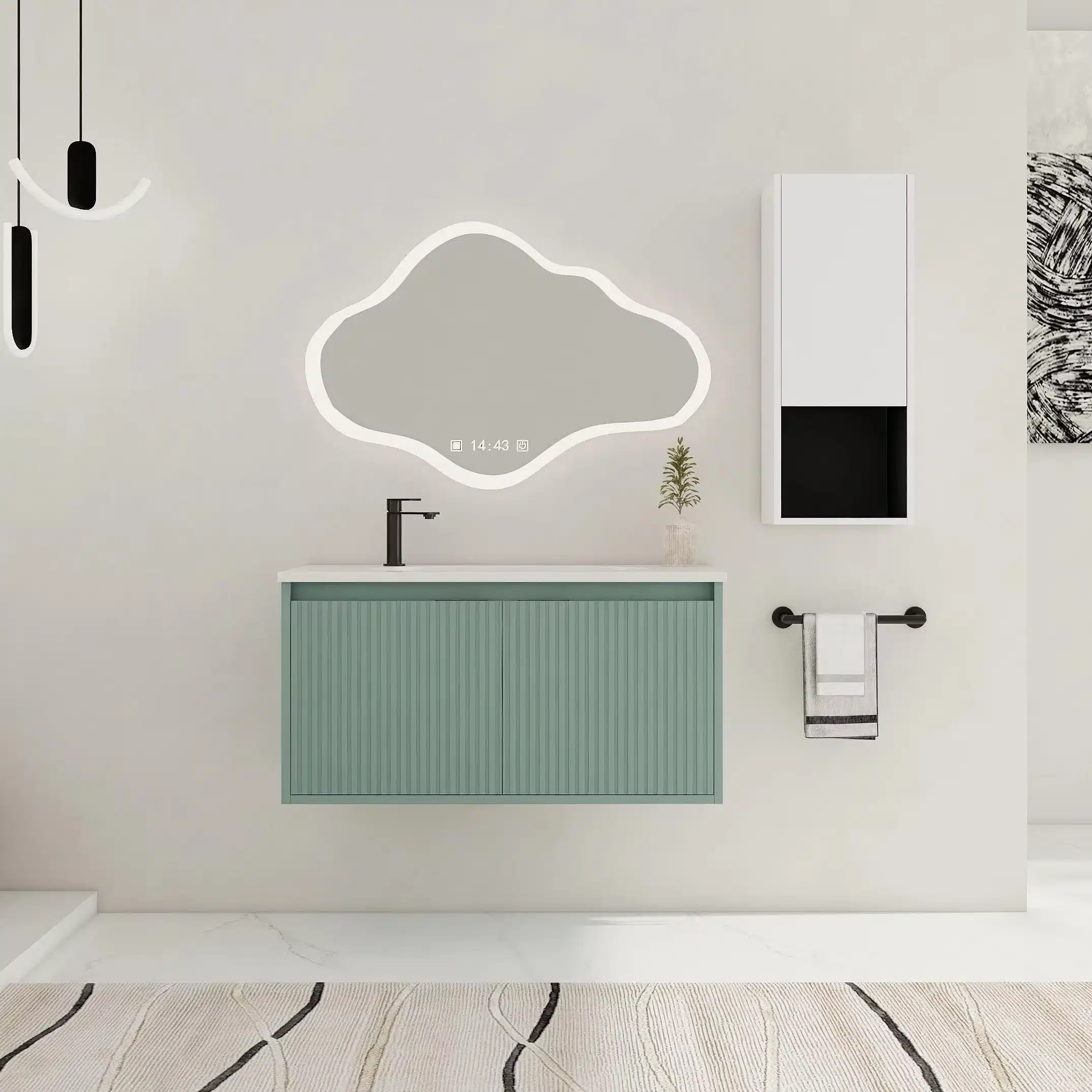 Green and white 36-inch bathroom vanity with drop-shaped basin, floating on wall, two soft-close doors closed.