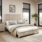 Goldoma modern queen platform bed with tall upholstered headboard in chenille fabric, solid rubberwood construction
