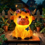 Side view of Highland cow resin statue with flower decorations on its head
