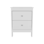 Modern white nightstand with two drawers beside a bed in a contemporary bedroom