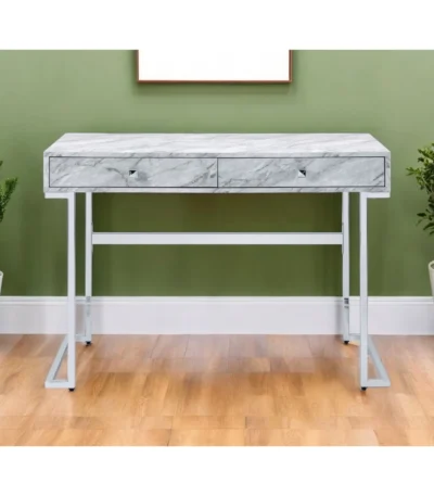 HMS 42" White Writing Desk Two Drawers Simple Design Office Computer Table Adjustable Extendable Wooden Metal Material Shelf
