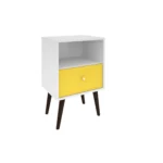 White and yellow nightstand with drawer and open shelf in a bedroom setting