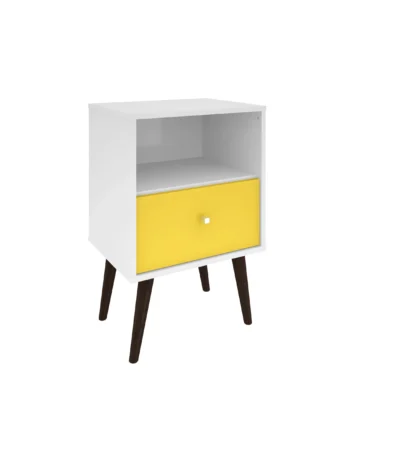 White and yellow nightstand with drawer and open shelf in a bedroom setting