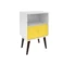 White yellow nightstand with drawer and open shelf in a modern bedroom