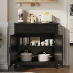 Modern Farmhouse Kitchen Storage Cabinet 2 Drawers 2 Doors Black FCJ Buffet Sideboard for Coffee Bar Living Room Dining Room