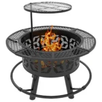 Black outdoor fire pit with glowing flames in a backyard setting