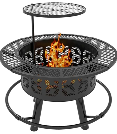 Outdoor Fire Pit Black with stone base and flames in a backyard patio setting