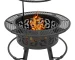 Black outdoor fire pit with glowing flames in a backyard setting