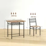 Rustic brown dining table set with two chairs and a storage shelf underneath in a modern industrial style