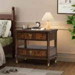 Modern nightstand with power outlet, dark cherry finish, gold legs, two drawers, and key knobs - Goldoma
