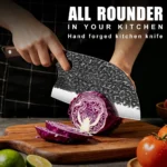 Sharp chef knife set with three forged stainless steel knives and wooden handles on a cutting board