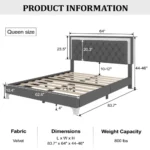 Queen upholstered platform bed with LED lights and tufted headboard in modern bedroom setting