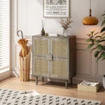 4-Doors Wabi-Sabi Style MDF Rattan Mesh Storage Cabinet Eight Storage Spaces Sideboard for Entryway Living Room Hallway (Grey) - Image 3