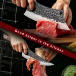 Sharp chef knife set with three forged stainless steel knives and wooden handles on a cutting board