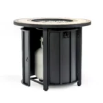 Outdoor gas fire pit column with blue flames on patio