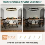 Modern crystal chandelier with K9 crystals hanging over a dining table