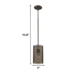 Three-quarter view of the HMS hanging light, emphasizing the industrial design and bronze finish against a ceiling.