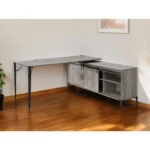 HMS 65" Gray Black Ergonomic L-Shaped Writing Desk with Extendable Bookshelf Wooden Metal Material for Bedroom or Home Office