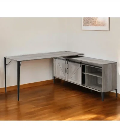 HMS 65" Gray Black Ergonomic L-Shaped Writing Desk with Extendable Bookshelf Wooden Metal Material for Bedroom or Home Office
