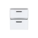 Minimalist white nightstand with two drawers next to a bed