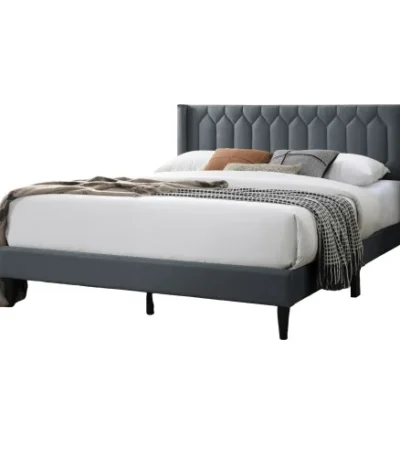 Goldoma queen size bed frame with diamond tufted charcoal burlap headboard in bedroom setting