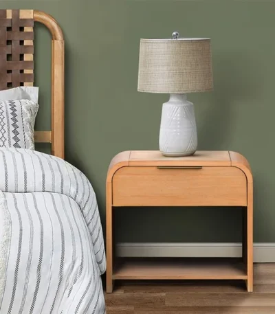 Modern one drawer nightstand wood bedside table with storage shelf in natural finish for bedroom use