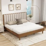 Solid wood king bed with piano key upholstered headboard in wheat finish - Goldoma