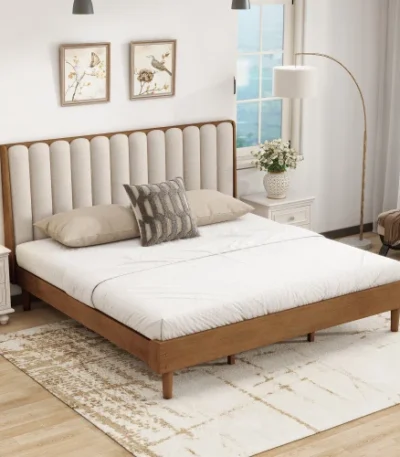 Solid wood king bed with piano key upholstered headboard in wheat finish - Goldoma