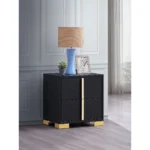 Jeremiah Black modern nightstand with drawers in glossy black finish and gold accents