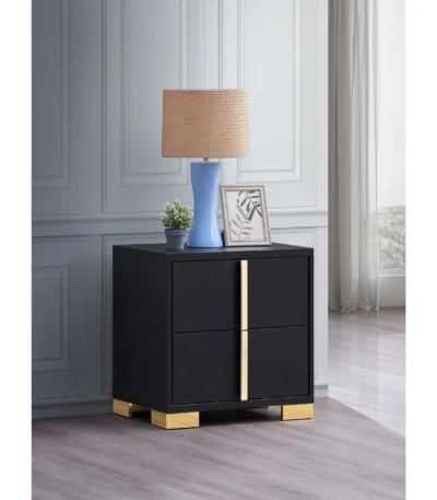 Jeremiah Black modern nightstand with drawers in glossy black finish and gold accents