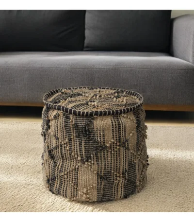 Geometric jute pouf ottoman with storage in natural boho style