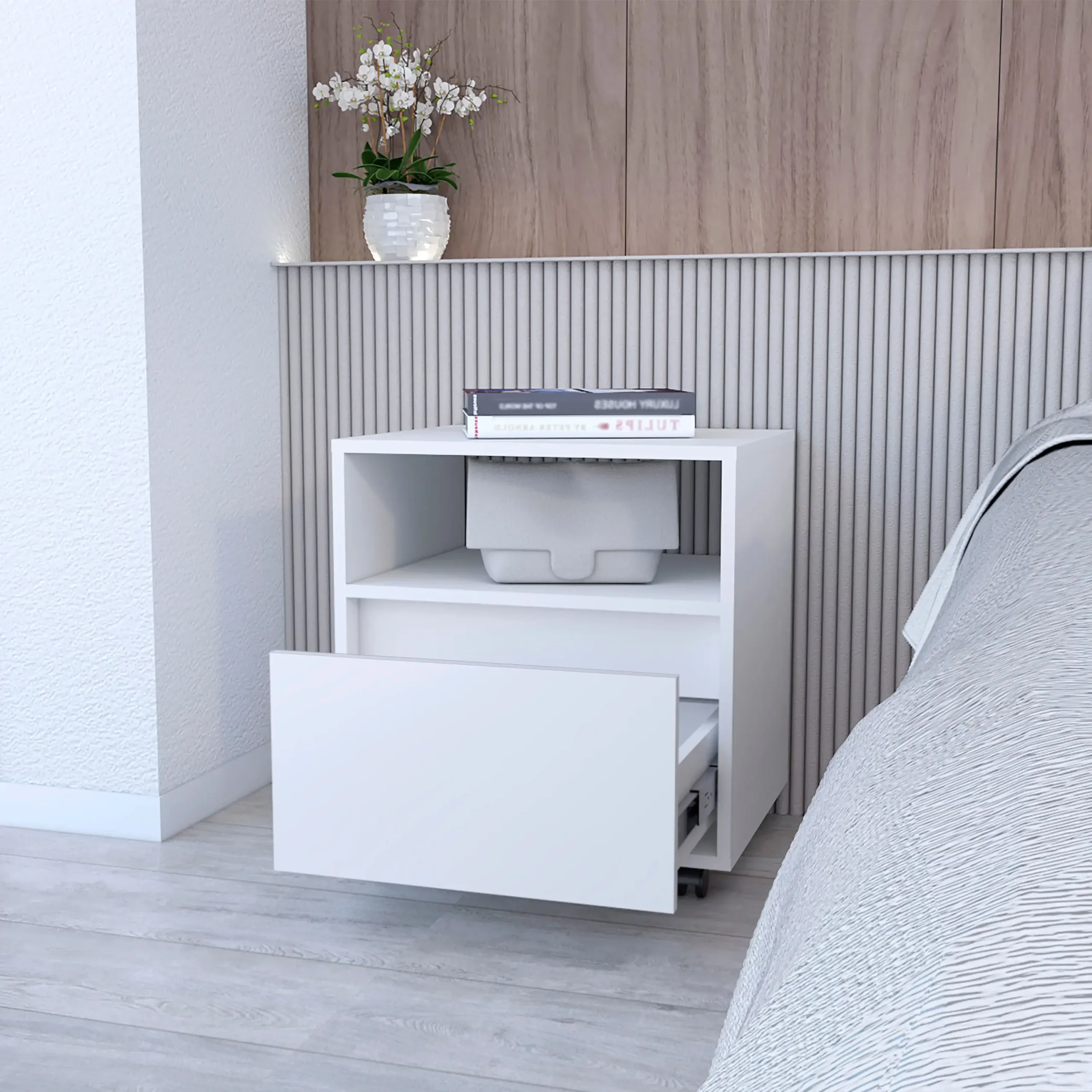 White 1-Drawer Nightstand with Open Shelf and Wheels