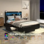 Goldoma full size bed frame with storage drawers, LED lights, and charging station in a modern bedroom