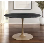 Goldoma 47-inch modern gold dining table for 4 with pedestal base in a bright dining room