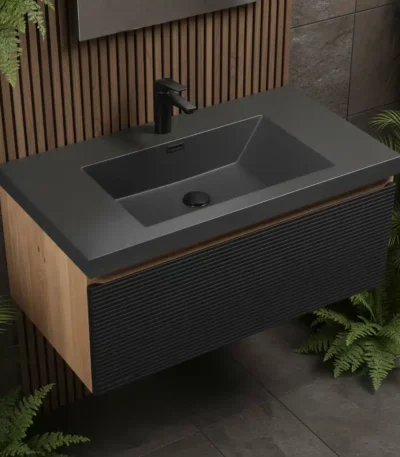 Wholesale 36-inch luxurious bathroom vanity cabinet with single sink, PVC set in white, front view against a tiled wall.