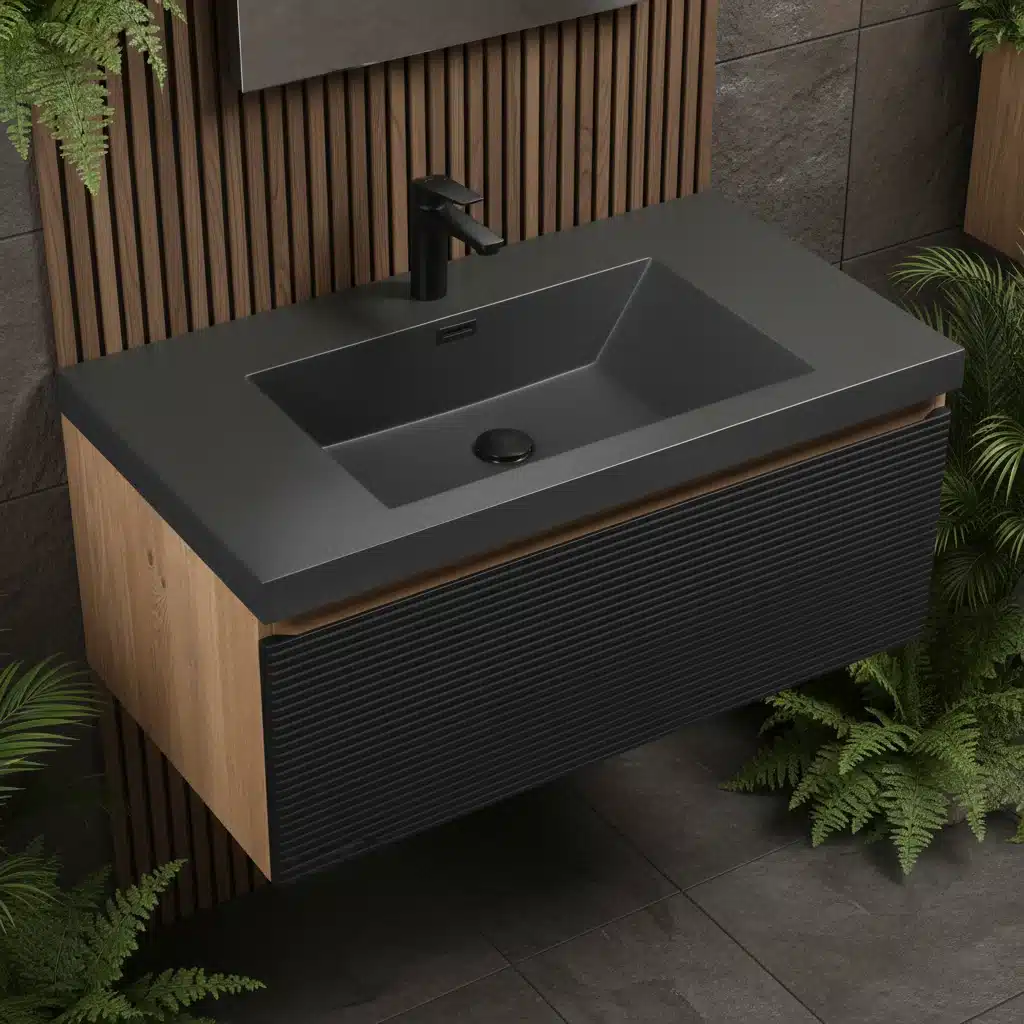Wholesale 36-inch luxurious bathroom vanity cabinet with single sink, PVC set in white, front view against a tiled wall.