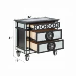 Black mirrored nightstand with 2 drawers sitting beside a bed in a glam luxury bedroom, featuring a glossy wood finish and reflective mirrored accents.