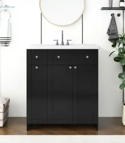 30-Inch Black Bathroom Vanity Ceramic Sink Combo Rich Storage Cabinet 2 Soft Close Doors Double Deep Drawers Unavailable