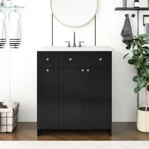 30-Inch Black Bathroom Vanity Ceramic Sink Combo Rich Storage Cabinet 2 Soft Close Doors Double Deep Drawers Unavailable