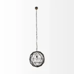 HMS black metal globe pendant light illuminating a modern living room with warm glow, centered above a coffee table.