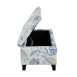 Goldoma floral storage ottoman with soft close hinges in blue floral pattern on neutral fabric