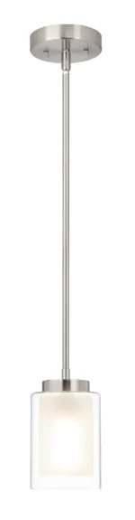 Brushed nickel pendant light with two glass shades hanging at different heights above a bar counter.