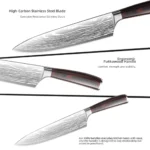 Japanese kitchen knife set with three knives on wooden cutting board