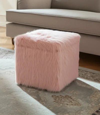 Goldoma 18-inch blush faux fur storage ottoman with hidden storage, foldable foot rest in living room