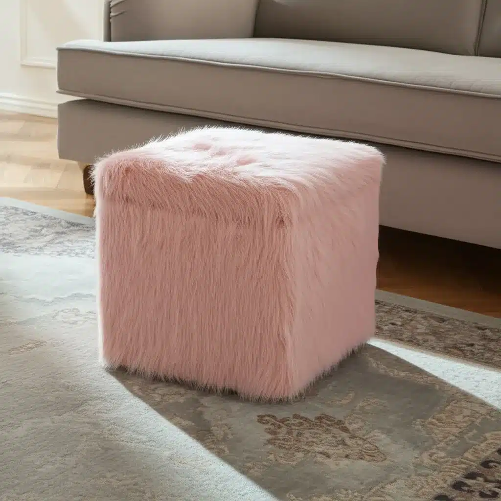 Goldoma 18" Blush Faux Fur Storage Ottoman – Foldable Foot Rest with Hidden Storage