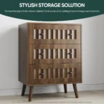 Modern 3-drawer wooden dresser with lacquer finish in walnut color, ideal for bedroom storage