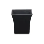 HMS 7 contemporary black recycled plastic square pot planter on a wooden deck with green foliage background