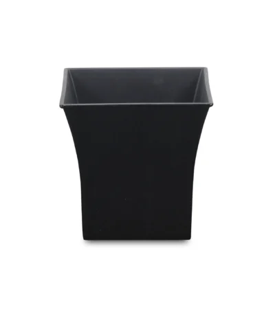 HMS 7 contemporary black recycled plastic square pot planter on a wooden deck with green foliage background