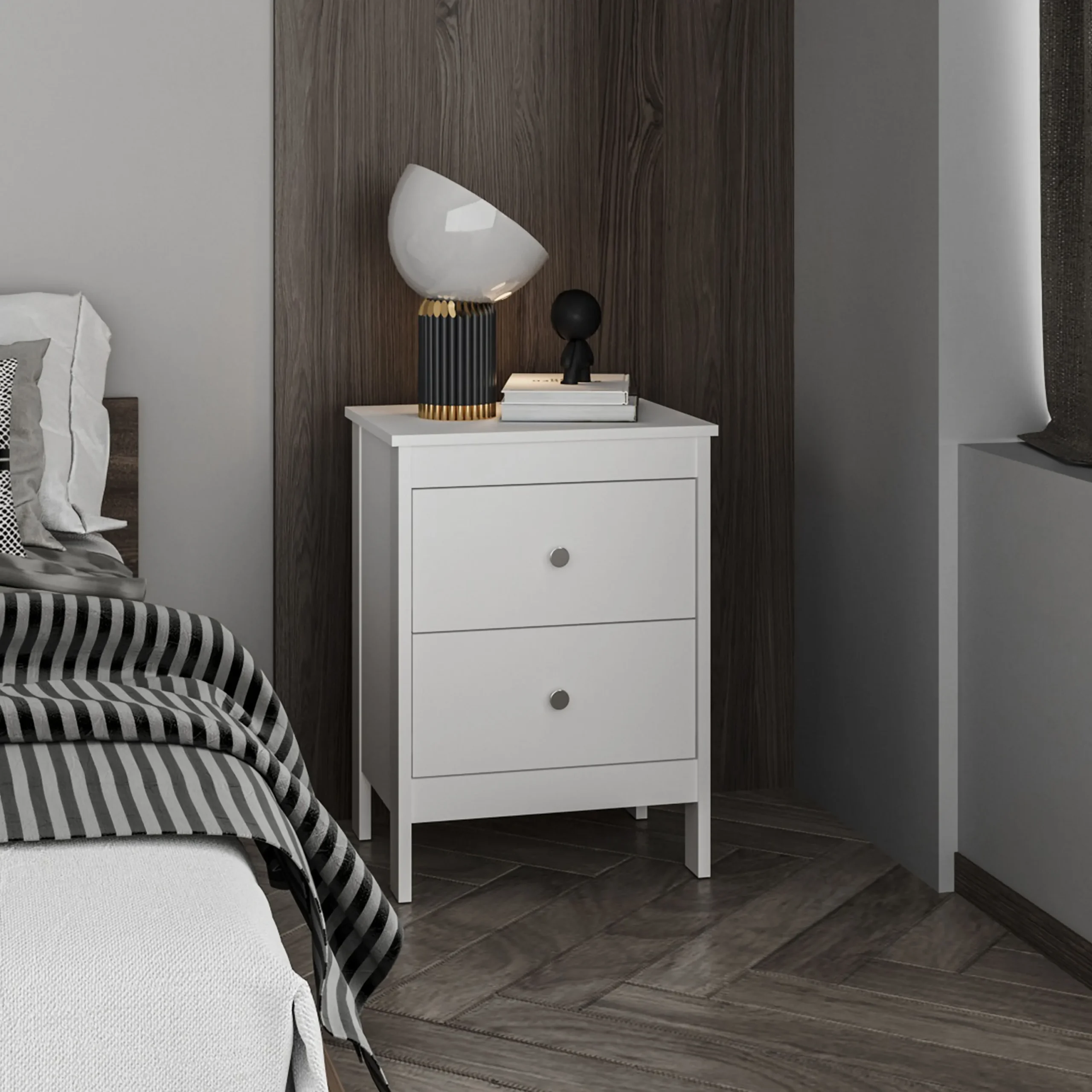 H762481b938ae4c8a97c7d4432c271ba8N.webp Modern white nightstand with two drawers beside a bed in a contemporary bedroom